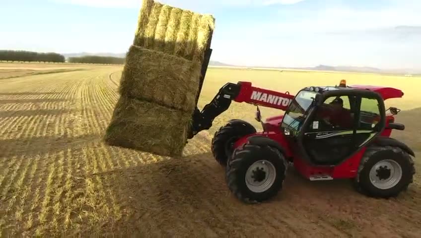 Manitou MLT-X 732 cargando pacas sobre un remolque en el campo